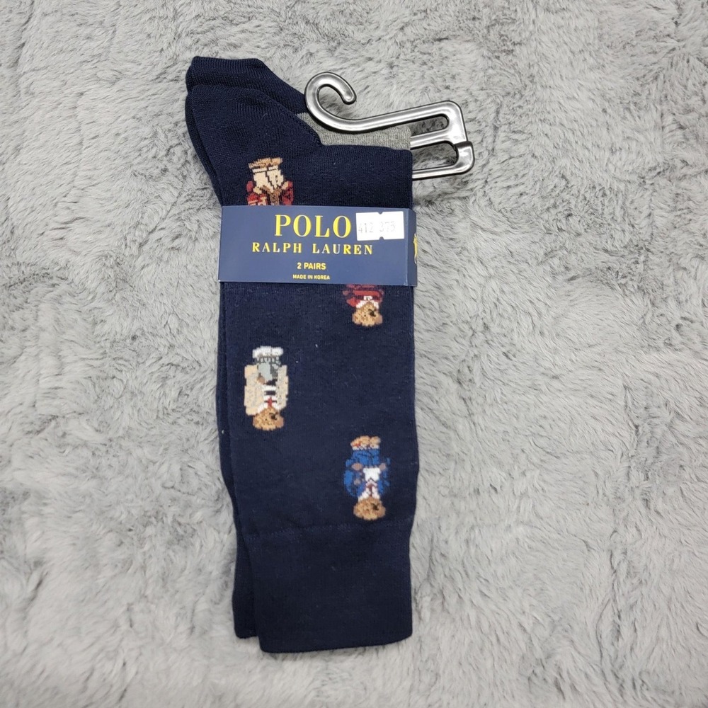 Polo Ralph Lauren Socks Mens 10-13 Navy Multi Preppy Bear Crew Mid Calf 2 Pairs